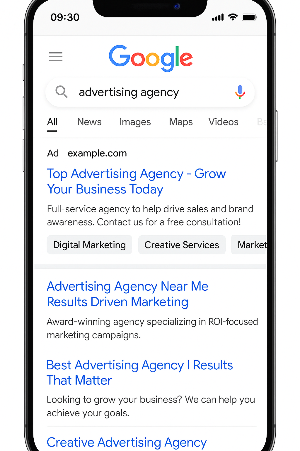 Mobile phone showing Google search results with an advertising agency ad