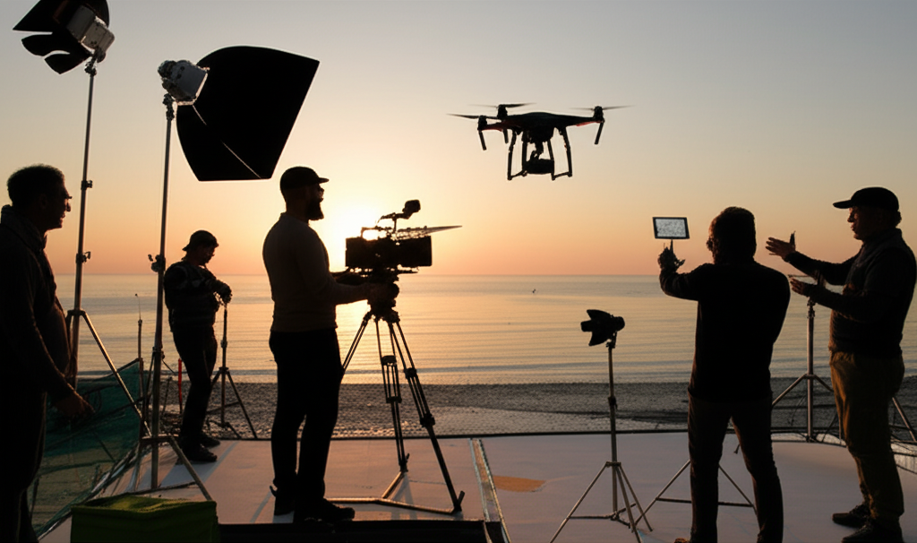 Recording crew with camera and drone
